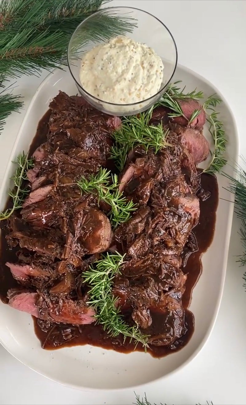 EYE FILLET WITH BRAISED BEEF RED WINE JUS, HORSERADISH SOURCREAM