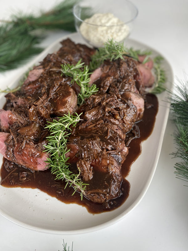 EYE FILLET WITH BRAISED BEEF RED WINE JUS, HORSERADISH SOURCREAM