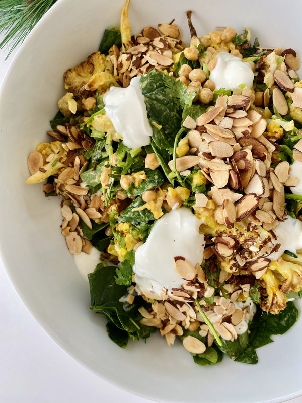 Curried cauliflower, chickpeas, mango dressing, coriander, baby spinach, yoghurt, almonds