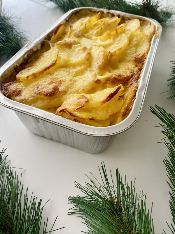 POTATO & KUMARA GRATIN, BRAISED ONIONS, TASTY CHEESE