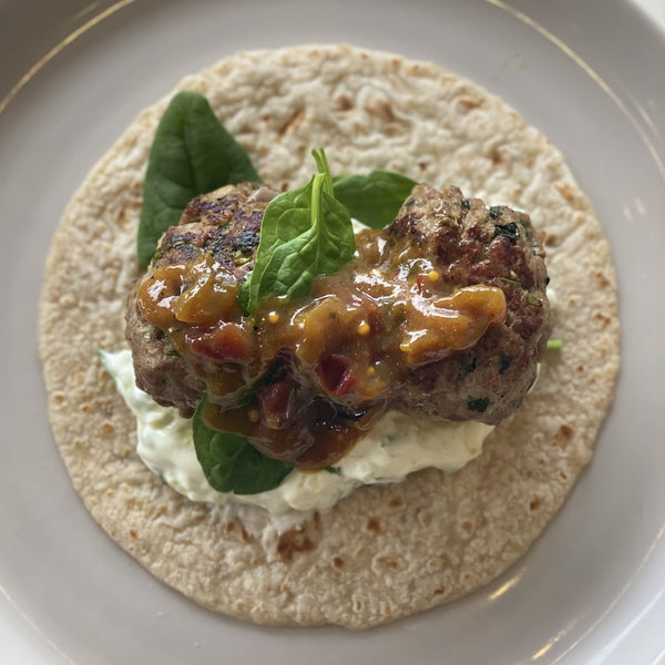 WRAP - Lamb koftas, eggplant relish, mint yoghurt